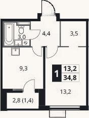 Планировка: 1-к, 33,4 м²