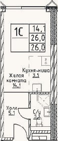 Планировка: Студия, 26 м²