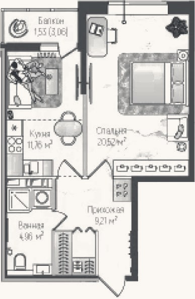 Планировка: 1-к, 46,5 м²