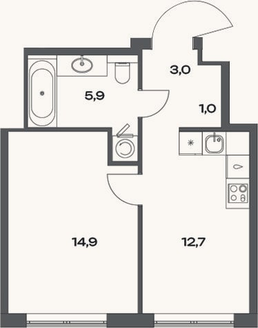 Планировка: 1-к, 37,5 м²