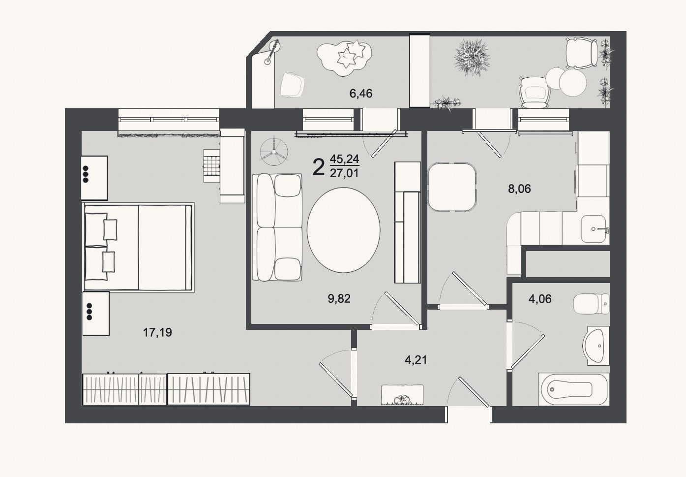 Планировка: 2-к, 43,3 м²