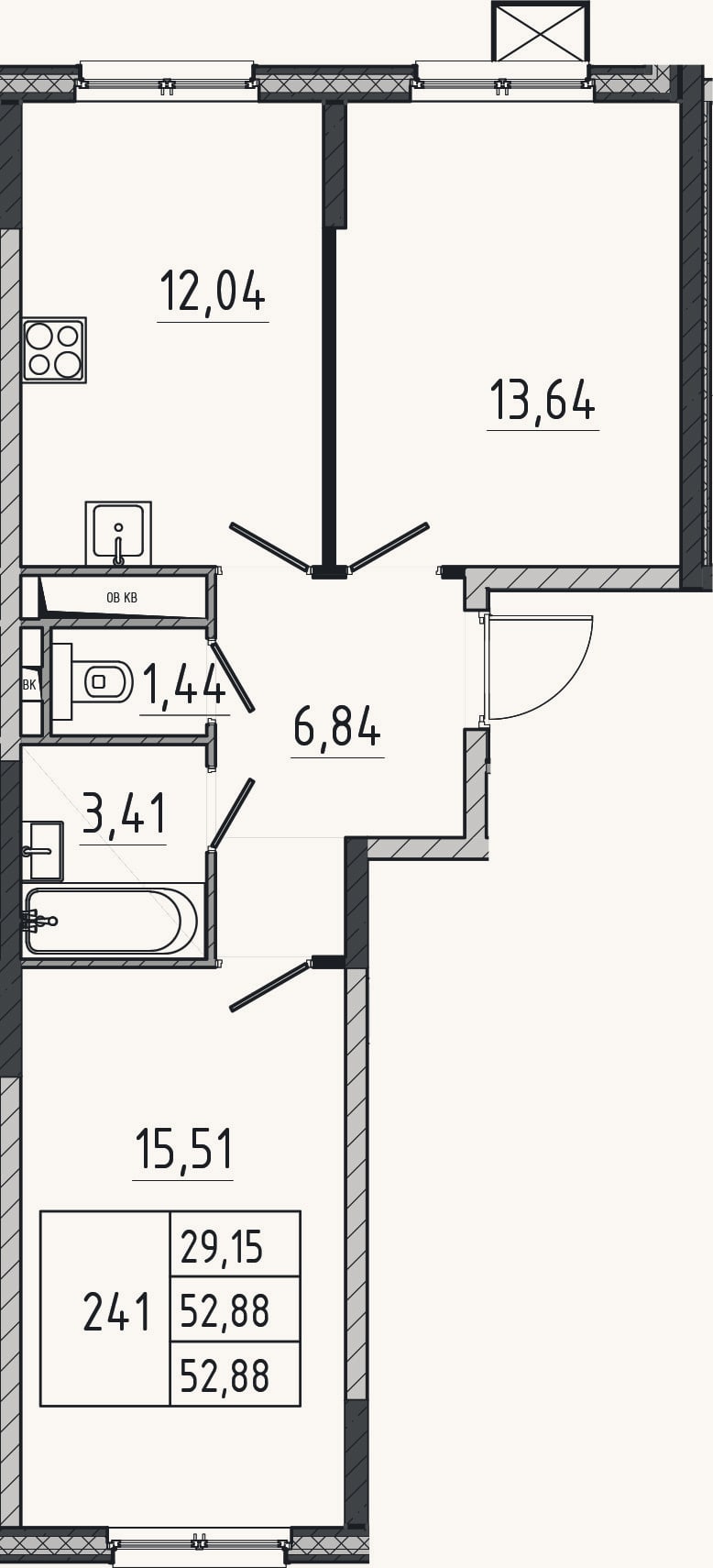 Планировка: 2-к, 52,9 м²