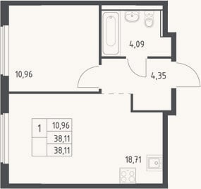 Планировка: 2-к, 38,1 м²
