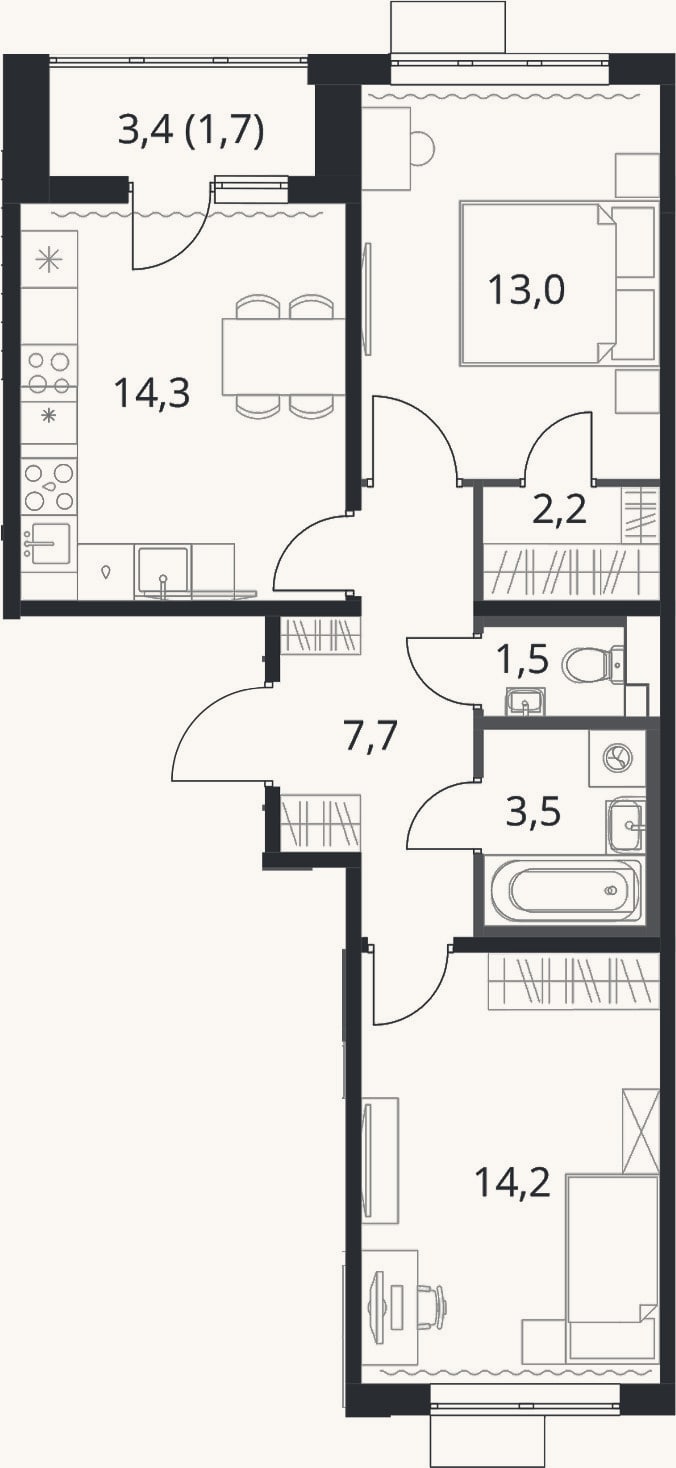 Планировка: 2-к, 56,4 м²