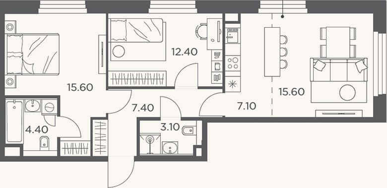Планировка: 3-к, 65,6 м²