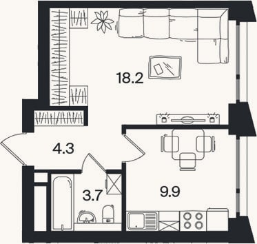 Планировка: 1-к, 36,1 м²