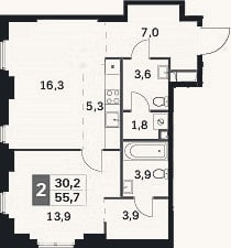Планировка: 2-к, 55,7 м²