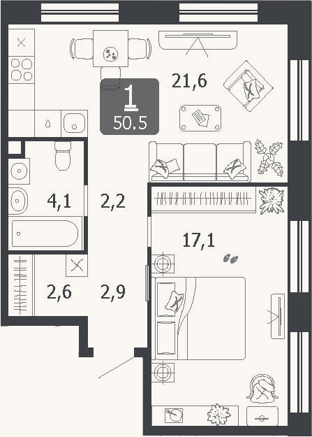 Планировка: 2-к, 50,5 м²