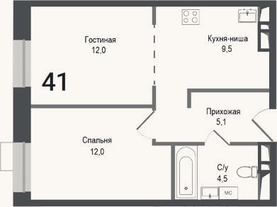 Планировка: 2-к, 43,1 м²