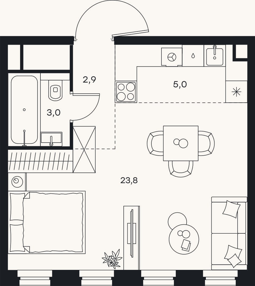 Планировка: 1-к, 34,7 м²