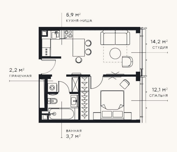 Планировка: 2-к, 38,2 м²