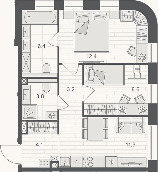 Планировка: 2-к, 50,4 м²