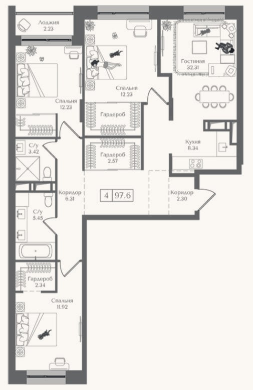 Планировка: 4+ к, 96,5 м²
