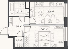 Планировка: 1-к, 37,6 м²
