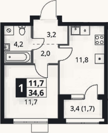 Планировка: 1-к, 32,9 м²