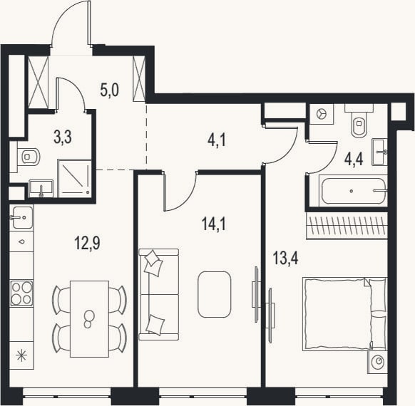 Планировка: 2-к, 57,2 м²