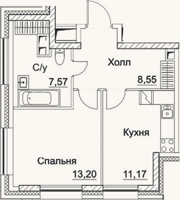 Планировка: 1-к, 40,5 м²