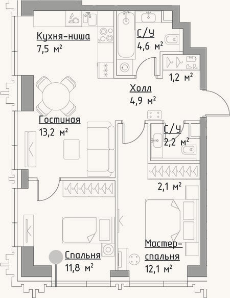 Планировка: 3-к, 59,6 м²