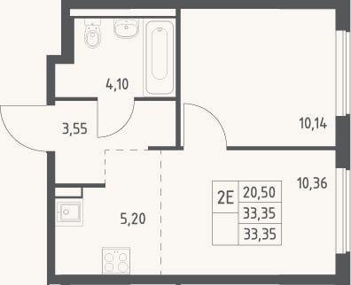 Планировка: 2-к, 33,4 м²