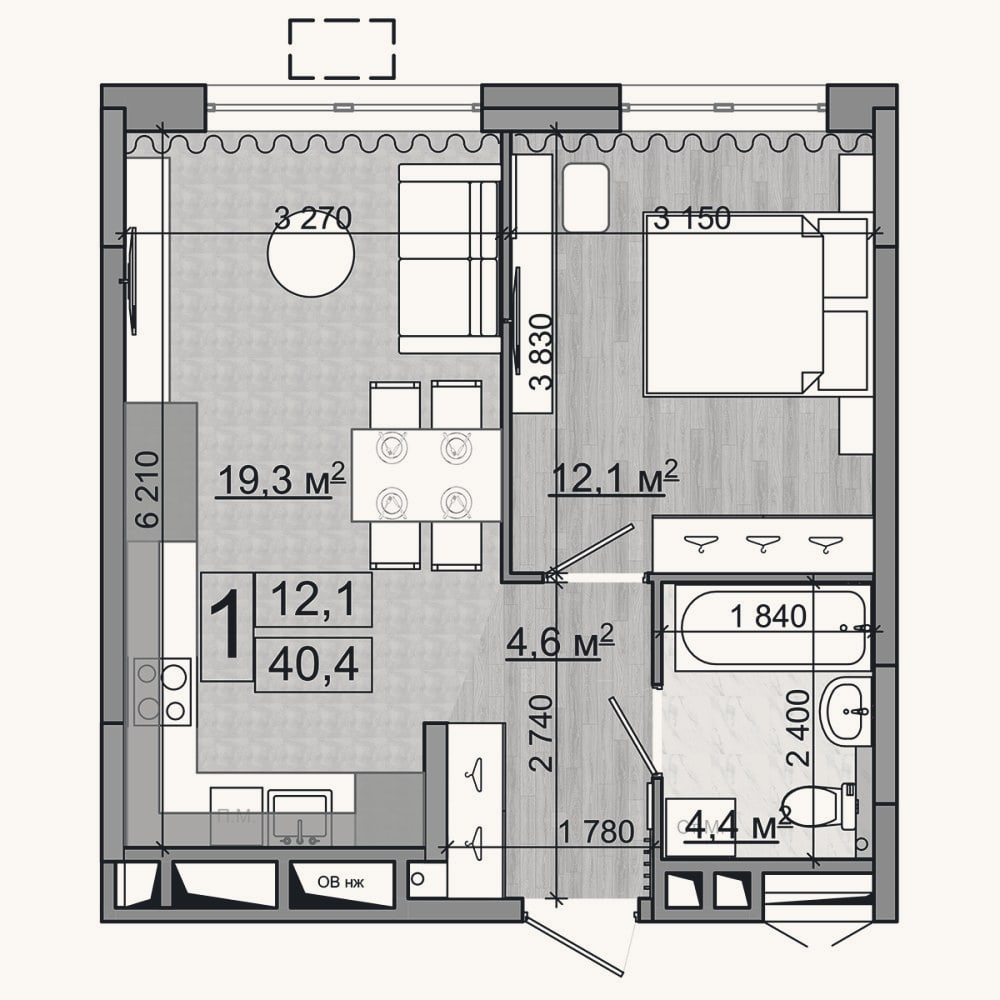 Планировка: 2-к, 40,4 м²