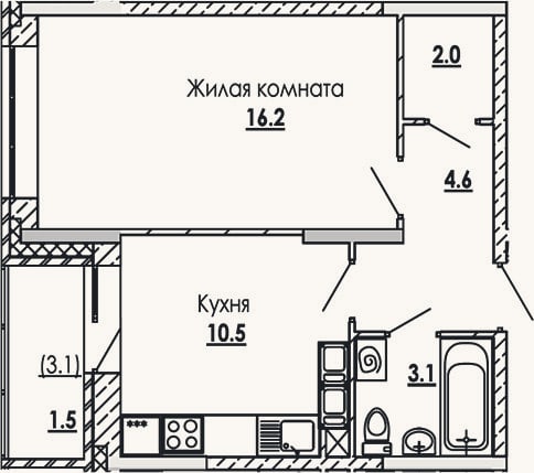 Планировка: 1-к, 36,4 м²