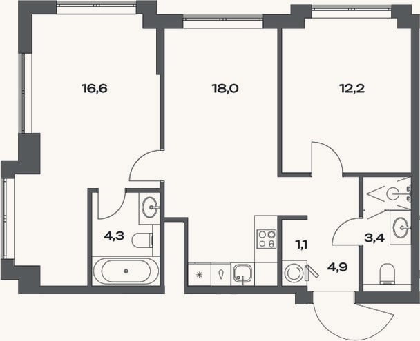 Планировка: 3-к, 61,7 м²