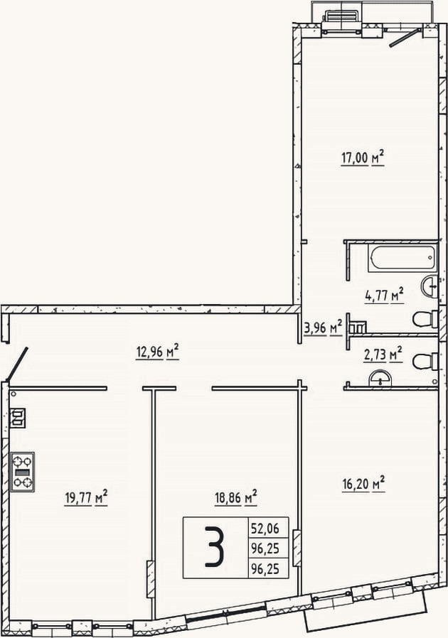 Планировка: 3-к, 96,3 м²