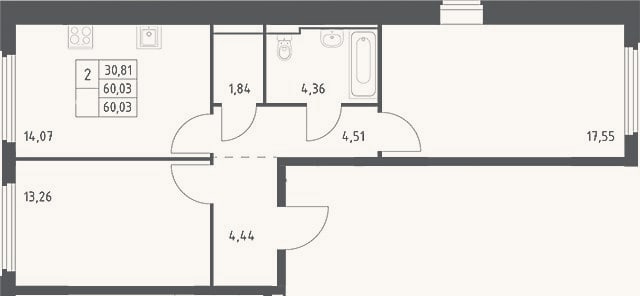 Планировка: 2-к, 60 м²