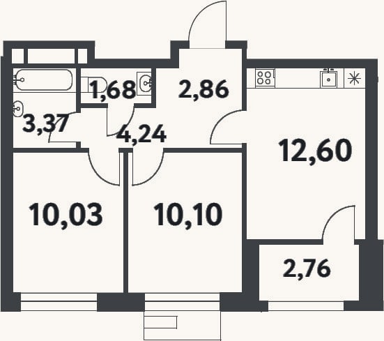 Планировка: 2-к, 44,9 м²