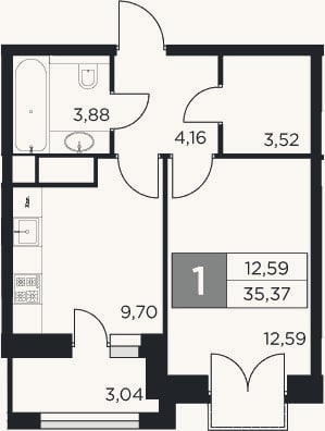 Планировка: 1-к, 33,9 м²