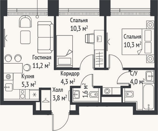 Планировка: 3-к, 50,7 м²