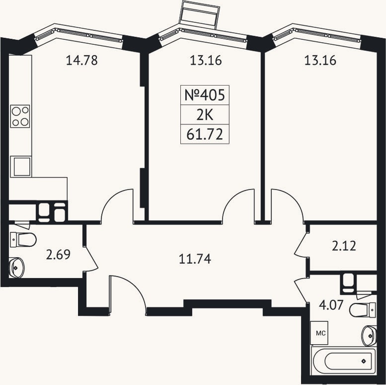 Планировка: 2-к, 61,7 м²