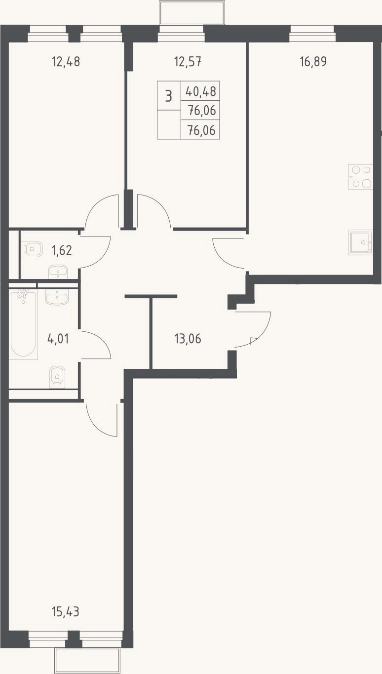 Планировка: 3-к, 76,1 м²