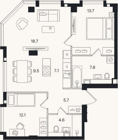 Планировка: 3-к, 79,2 м²