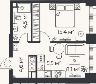 Планировка: 2-к, 38 м²