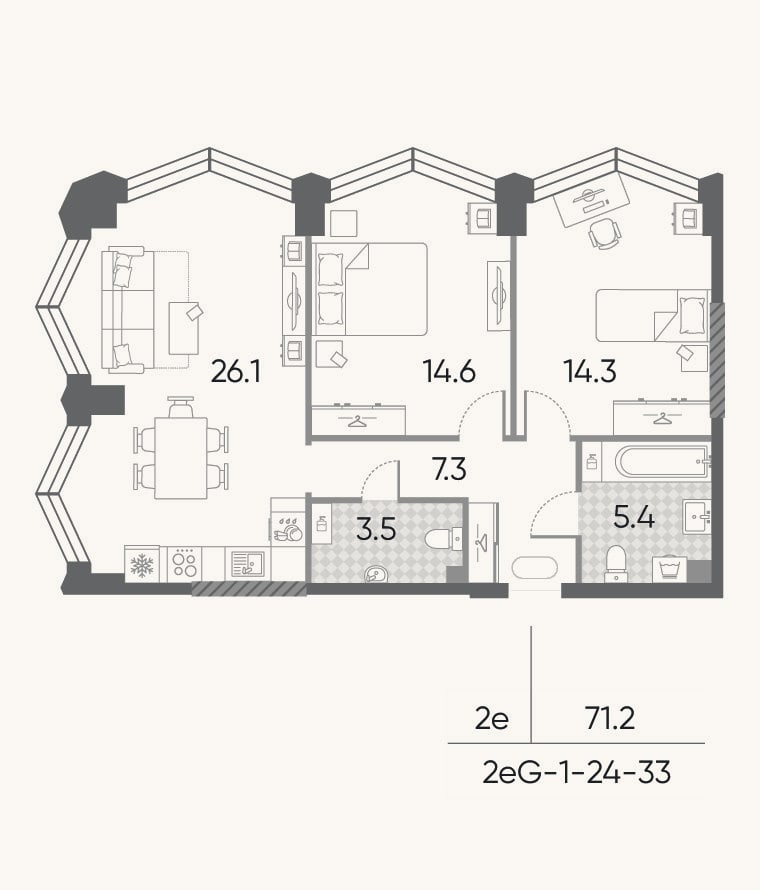 Планировка: 3-к, 71,2 м²