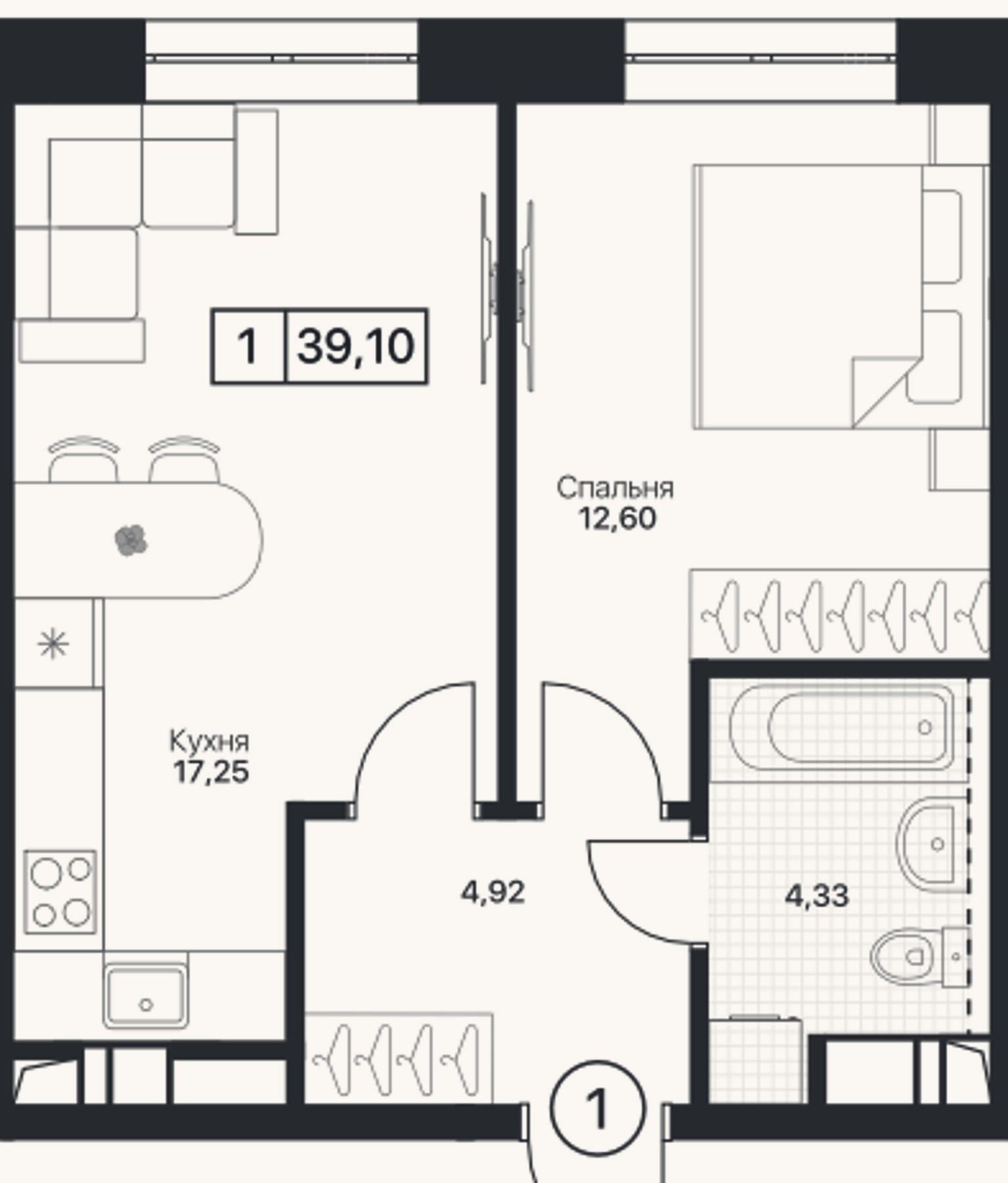 Планировка: 1-к, 39,1 м²