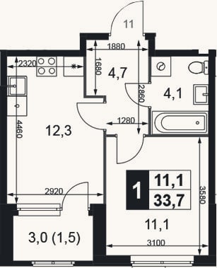 Планировка: 1-к, 32,2 м²