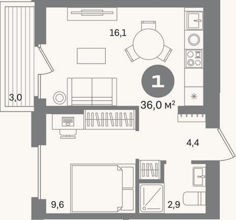 Планировка: 1-к, 33 м²