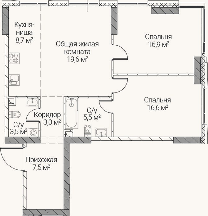 Планировка: 3-к, 81,3 м²