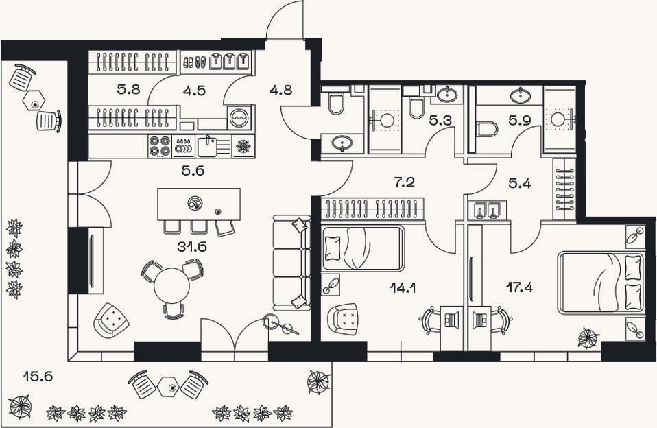 Планировка: 3-к, 110 м²
