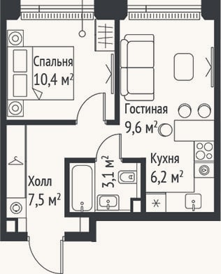 Планировка: 2-к, 36,7 м²