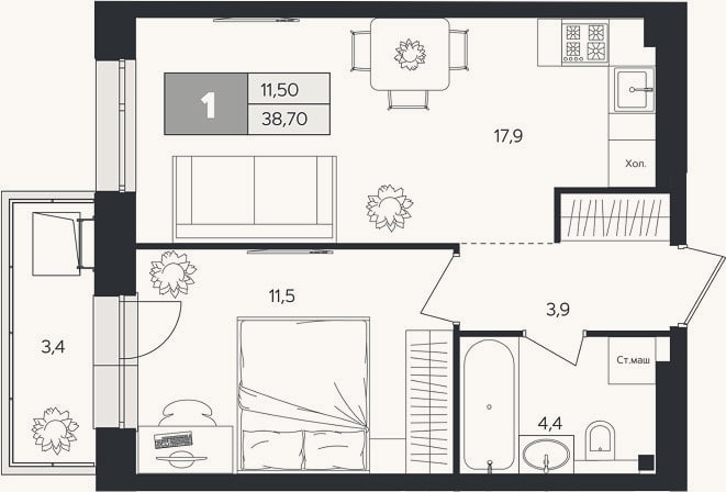 Планировка: 1-к, 37,7 м²