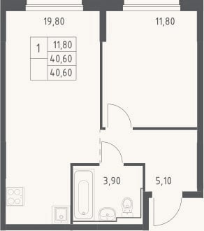 Планировка: 2-к, 40,6 м²