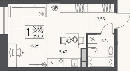 Планировка: Студия, 29 м²