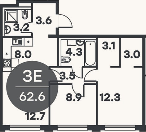 Планировка: 3-к, 62,6 м²