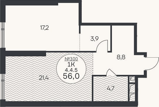 Планировка: 1-к, 56 м²