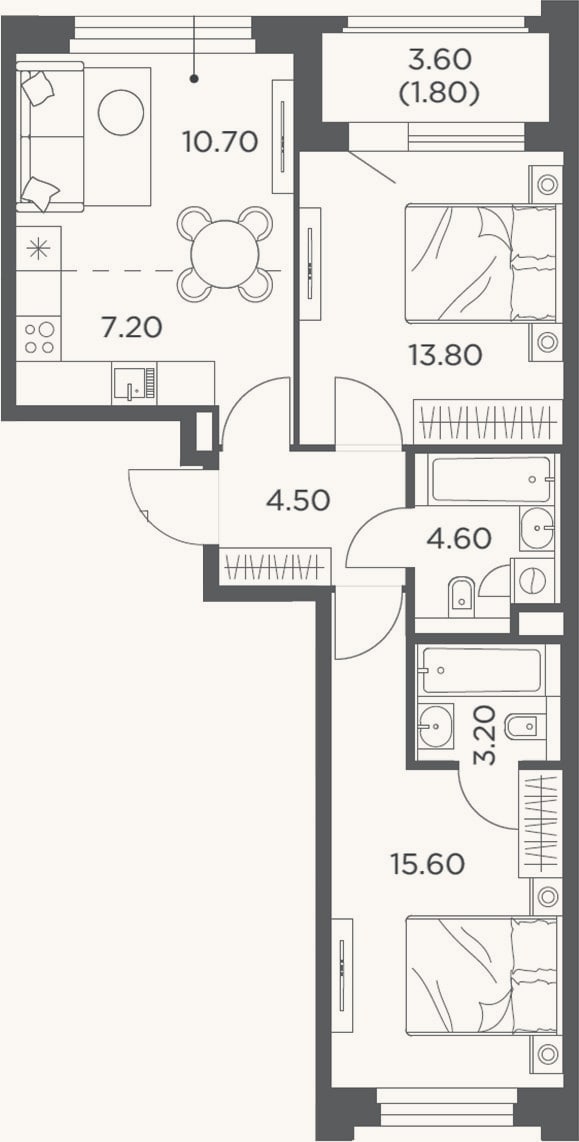 Планировка: 3-к, 59,8 м²