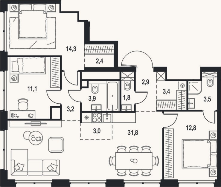 Планировка: 4+ к, 94,1 м²