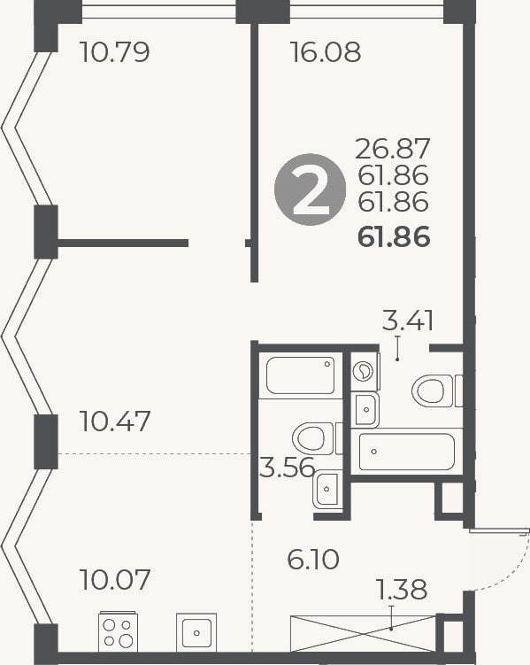 Планировка: 2-к, 61,9 м²